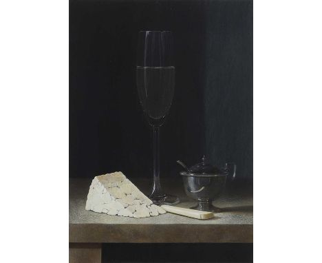 ▲ Tim Gustard (b.1954) Champagne flute and cheese with mustard pot signed 'Gustard' l.r., acrylic28 x 20cmCondition ReportFra