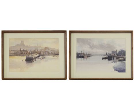 ▲ Gordon Hereward Hales (1916-1997) Boats in a harbour at sunset;Moored bargesboth signed and dated 'GORDON HALES 1976', wate
