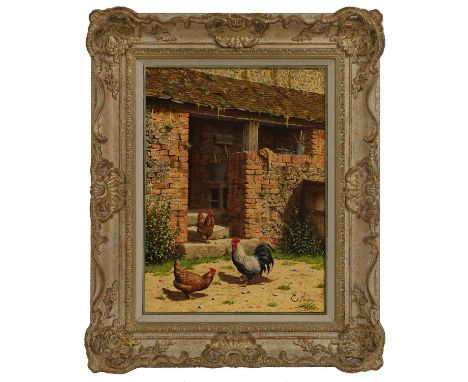 ▲ Edward Hersey (b.1948) Hens and cockerel in the yardsigned 'E. Hersey' l.r., oil on canvas40 x 30.5cmCondition ReportFramed