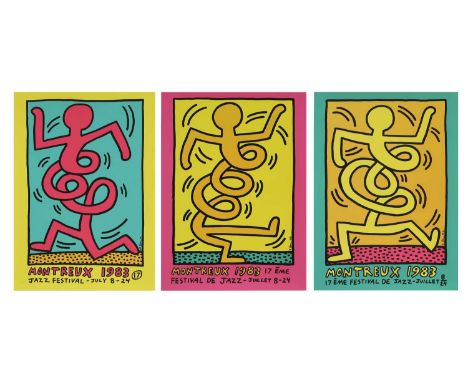 Keith Haring (American, 1958-1990) 'Montreux Jazz Festival' - Yellow, Green and Pinkthree screenprints in colour, 1983, print