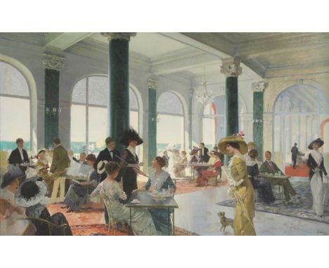 René Lelong (French, 1871-1933) Elegant figures conversing in a seaside hotelsigned 'R Lelong' l.r., oil on canvas40 x 64.5cm