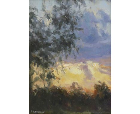Andrei Kulakov (b.1958) Sunset in the forestsigned in Cyrillic l.l., oil on board40.5 x 30.5cmCondition ReportFramed: 48 x 38
