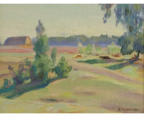 Viktor Templin (1920-1994) A rural landscape on a sunny daysigned in Cyrillic l.r., oil on board20 x 25cmCondition ReportFram