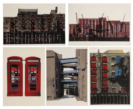 ▲ Gerd Winner (German, b.1936) 'Telephone Box';'Thames Sunday Afternoon I';'Isle of Dogs';'Free Trade Wharf';'Colonial Wharve