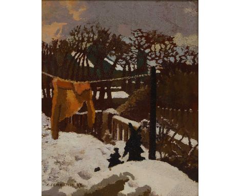 ▲ John Semmence (1930-1985) ‘Winter Washing'signed and dated 'J SEMMENCE 79' l.l., oil on board50 x 41cmCondition ReportFrame