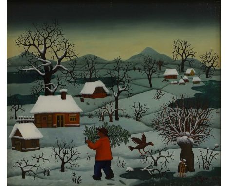 Josip Generalić (Croatian, 1936-2004) 'Winterlandschaft'signed and dated 'J. Gen 1967' l.l., oil on glass29 x 34cmProvenance:
