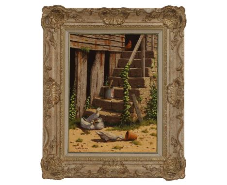 ▲ Edward Hersey (b.1948) Ducks and a hensigned 'E. Hersey' l.l., oil on canvas41 x 30.5cmCondition ReportFramed: 57 x 47cmApp
