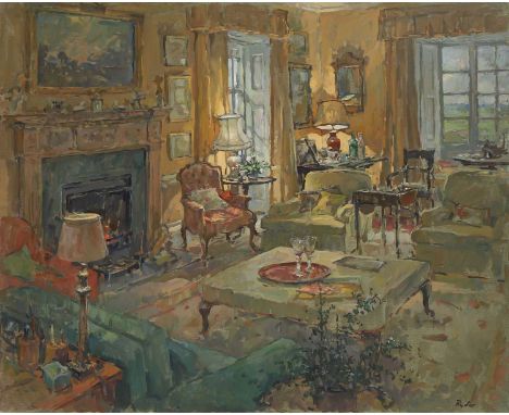 ▲ Susan Ryder (b.1944) A sitting roomsigned 'Ryder' l.r., inscribed 'Sunday Morning, Roxburghshire' on stretcher, oil on canv