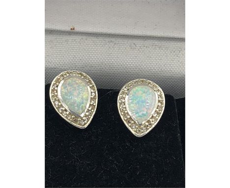 A pair of silver CZ and Opal set earrings