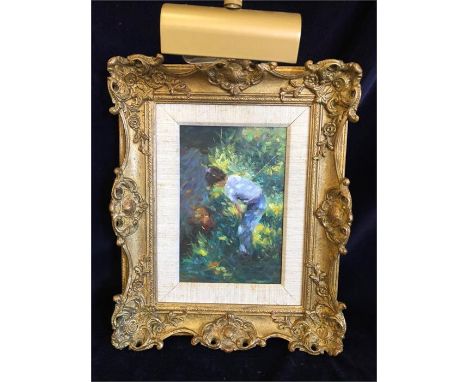 A signed Ken Moroney frame oil on canvas 'Netting Minnows' in a gilt frame with over light.