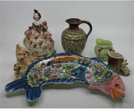 A collection of ceramics to include:- a novelty fish wall hanging made in Greece, a treacle German glazed jug, an Australian 