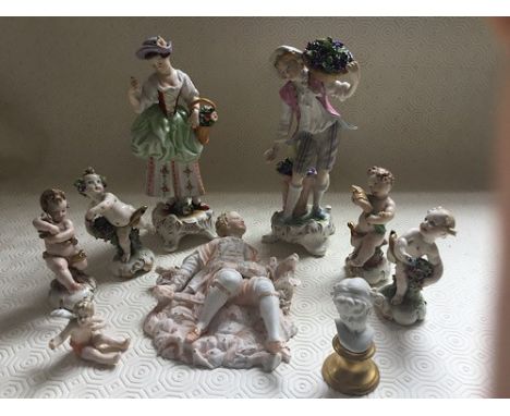 Ceramic figures to include a pair of East German porcelain figures in the Meissen style, mid 20th century H 19cms, a set of 4