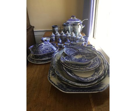 3 boxes of blue and white ceramics, mostly 20th century, to included reissued spice jars with various patterns (7 names with 