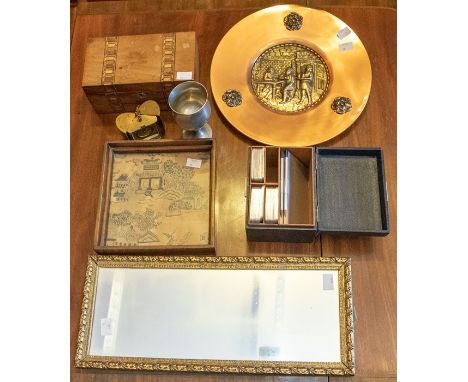 A mixed lot comprising Victorian tea caddy with Tunbridge ware bands, a Europa travelling alarm clock, a "Linton" brass and c