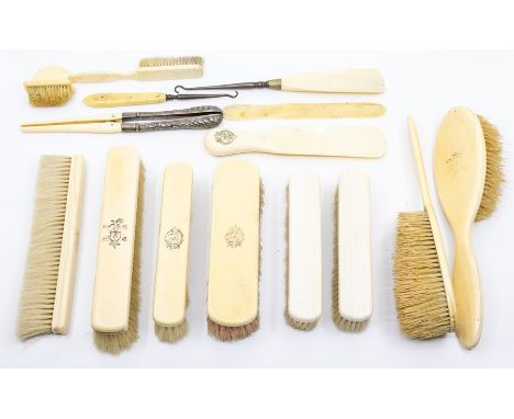 A selection of late 19th Century assorted ivory mounted dressing table wares, circa 1890, to include two shoe horns, various 