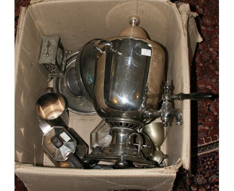 A plated tea urn, a four piece plated tea service, a pedestal stand etc