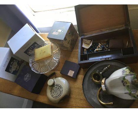 Two boxes of assorted items including tripod trivet, brass light fitting with painted glass shade, inlaid box with contents, 