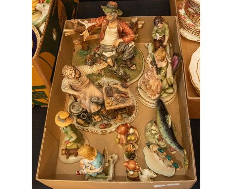 A pair of Capo di Monte figures, another, three similar figures, three Goebel figures, a Beswick Golden Trout (af) and a Besw