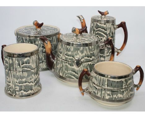 A Five Piece 1930's Coffee and tea set by Arthur Wood,&nbsp;Silver Shield pattern with painted horn effect,&nbsp; comprising: