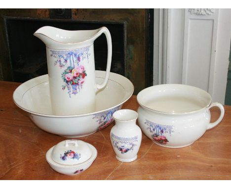 Early 20th washing set by Steventon Ltd. comprising:- a large jug and basin, chamber pot, small vase and soap dish with liner