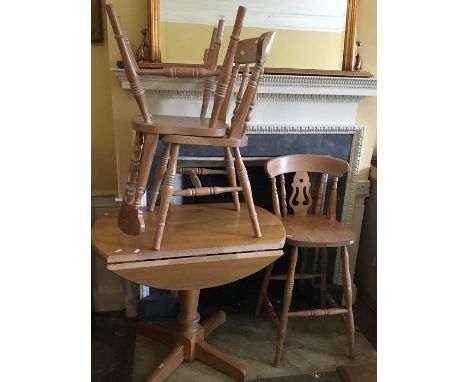 Late 20th century light oak drop leaf table, 2 dining chairs with splat and spindle backs and a matching bar stool [4]&nbsp;