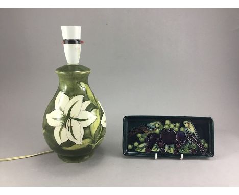 Moorcroft white Hibiscus lamp, green ground, paper label for Potters to the late Queen Mary, circa 1960’s, H. 20cms, along wi