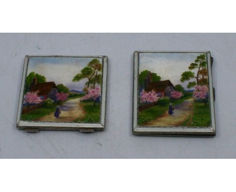 An engine turned silver cigarette case enamelled with figure in a lane by a cottage, Birmingham 1933, 8cm x 6.5cm and another