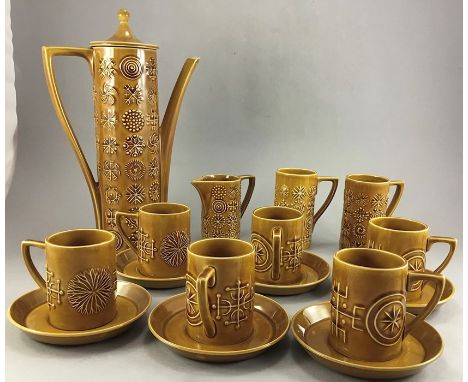 A Portmeirion ‘Totem’ pattern coffee set designed by Susan Williams-Ellis, 1960’s, brown treacle glaze, impressed back stamp,