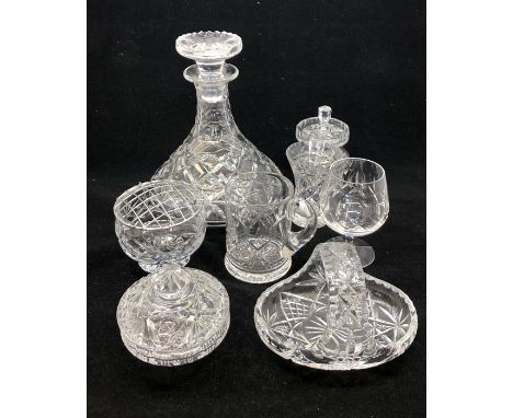 An assortment of glassware, cut and moulded, early to mid 20th century. To include a decanter, four cut sherry glasses and fo