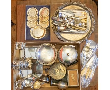 A quantity of plated items to include a three light candelabrum, Georgian style salver, flatware, entree dish etc