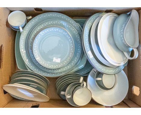 A Royal Doulton "Aegean" pattern part dinner and tea service and a 1950's platter and six plates printed with fish