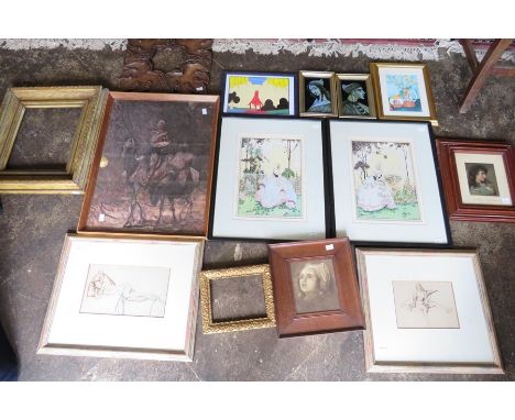 A pair of watercolours, 1930's/40's by Violet Crayton, various picture frames, a pair of tile pictures etc