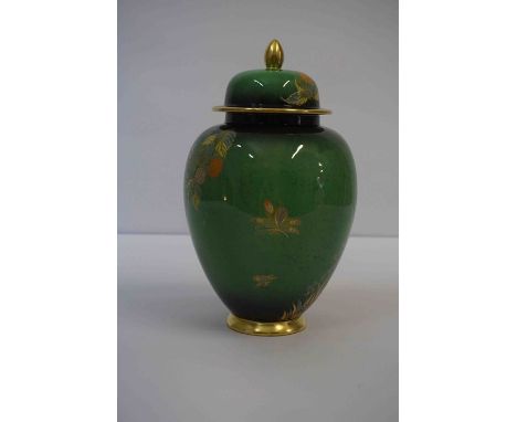Carlton Ware "Vert Royale" Oviform Vase with Cover, Decorated with an Enamel and Gilded Spiders Web, With Floral panels on a 