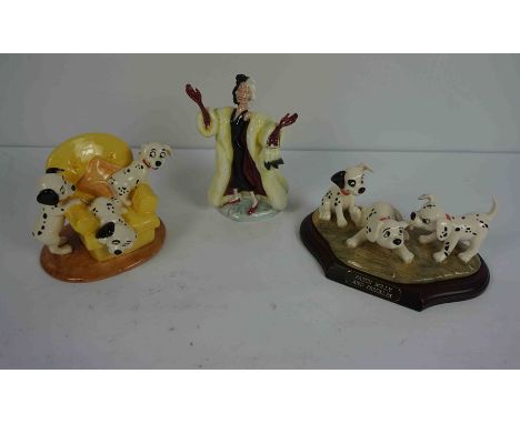 Royal Doulton Disney,s 101 Dalmations Figures, Comprising of "Cruella De Vil" No DM 1, "Pups in the Armchair" No DM 11, and "
