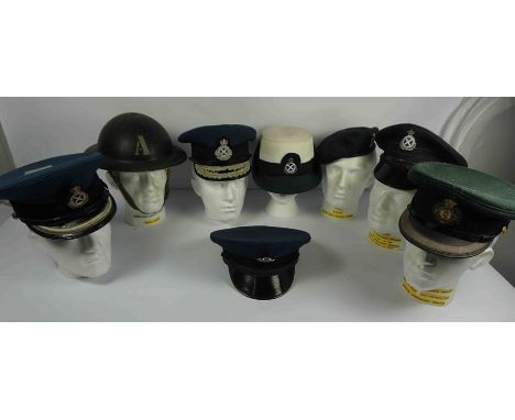 Collection of WWII and Later Ambulance Service Helmet and Caps, To include a WWII Home Front Steel Helmet, With Chin Strap, A