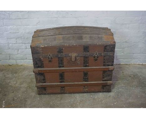 Vintage Wood Bound Travel Trunk, Having a Hinged top, 57cm high, 79cm wide, 53cm deep