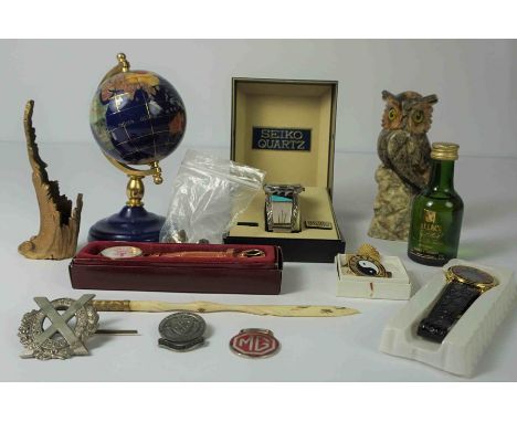 Mixed Lot of Collectables, To include a Seiko Quartz Analogue Wristwatch, With Box and Booklet, Faux Gem set Globe, Owl ornam