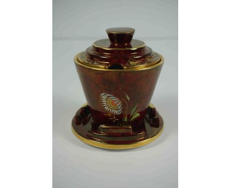 Carlton Ware Art Deco "Needlepont" Lustre Preserve Jar with Cover, On stand, Having Enamel and Gilded decoration on a Rouge g