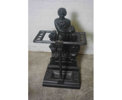 Ebonised Metal Stick Stand, Decorated with an Applied figure of Robert the Bruce, With Drip tray, 78cm high 