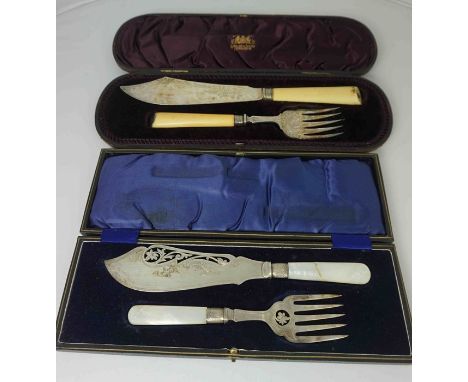 Two Pairs of Silver Banded Fish Dividers, Having Ivory style and Mother of Pearl style handles, Both sets in fitted cases, (2