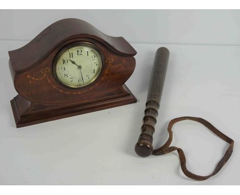 Edwardian Mahogany Inlaid Mantel Clock, Having a French movement, 18cm high, 23cm wide, Also with a Vintage Baton, 36cm long,