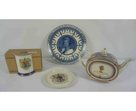 Collection of Commemorative Wares, To include a Sadler Tea Pot and A Wedgwood Plate, In a Travel trunk