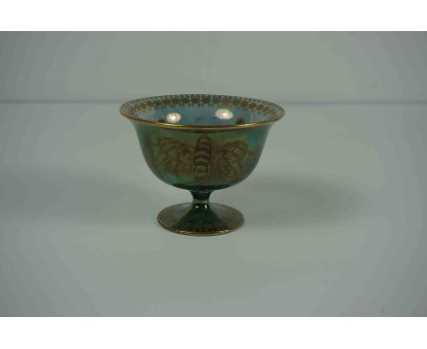 Carlton Ware Lustre Bowl, Decorated with Gilded and Enamel Butterflies on a Green ground, With an Opalescent interior, Patter
