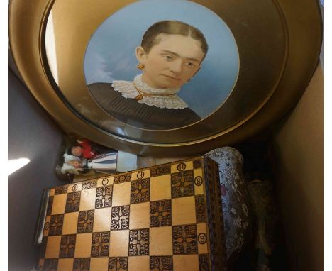Two Boxes of Sundries, To include a Chess Set, Dolls etc, Also with two Suitcases and Portrait prints 