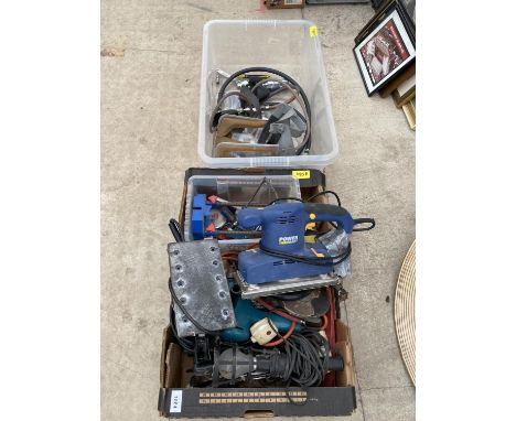 AN ASSORTMENT OF TOOLS TO INCLUDE A POWER CRAFT SANDER, A DRILL AND SPANNERS ETC 