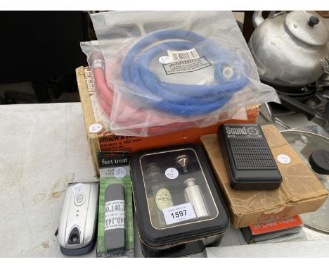 AN ASSORTMENT OF ITEMS TO INCLUDE DISHWASHER PIPES, EARPHONES AND AN ELECTRIC SANDER ETC 