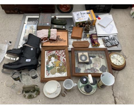 A PAIR OF ICE SKATES, A VIVITAR CAMERA, MIRROR, MODEL CAR, MISC CERAMICS, ETC 