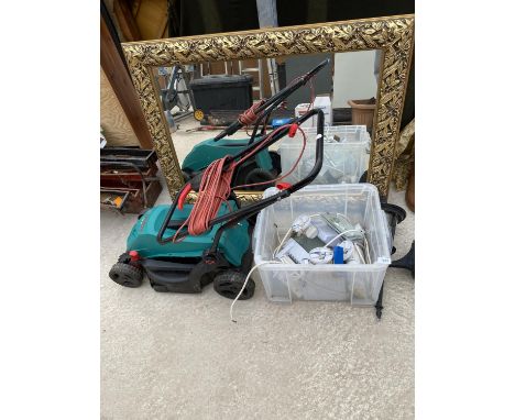 AN ASSORTMENT OF LIGHT FITTINGS AND A BOSCH ARM 360 LAWN MOWER 