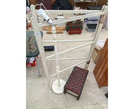A PAINTED SIX BAR CLOTHES RAIL, PAINTED STANDARD LAMP AND A SMALL STOOL 