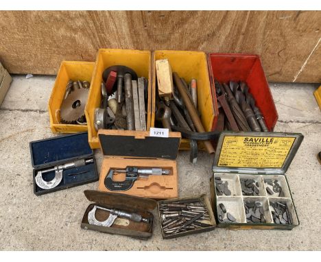 A LARGE ASSORTMENT IOF TOOLS TO INCLUDE MICROMETERS TO INCLUDE MITUTOYO, DRILL BITS AND WOODRUFF KEYS ETC 